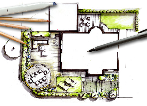 Gartenplanung – handgezeichneter Entwurf eines formalen Gartens
